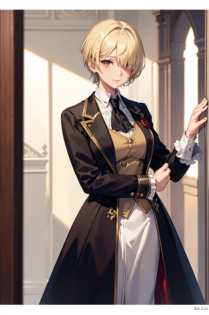 1 person, mature, (((Woman dressed as a man))),(((Butler))), count, viscount, Victorian era,(Barrette)、(((Hair on one eye)))、(((Blonde short hair))),(Red eyeedium Breast),smile、 suit, coat,  White gloves, Gold and red design, Black Shirt, No background, Absurd, High resolution, Super sharp, 8K, masterpiece, View your viewers, Are standing, No background, No background, White Background