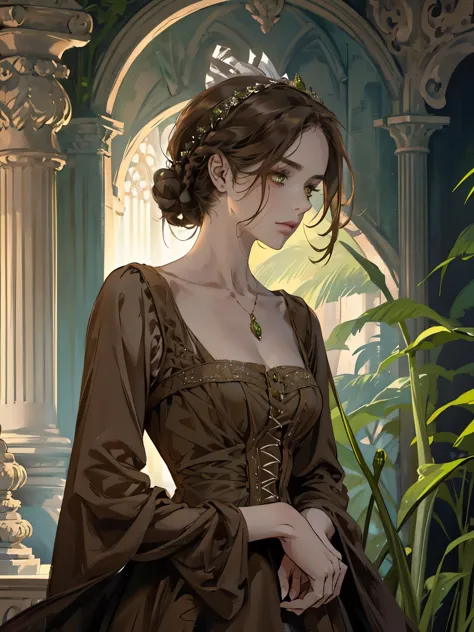 one, digital painting of a woman with her hair tied up in a bun, brown hair, green eyes, young noblewoman from the 1800s , calm ...