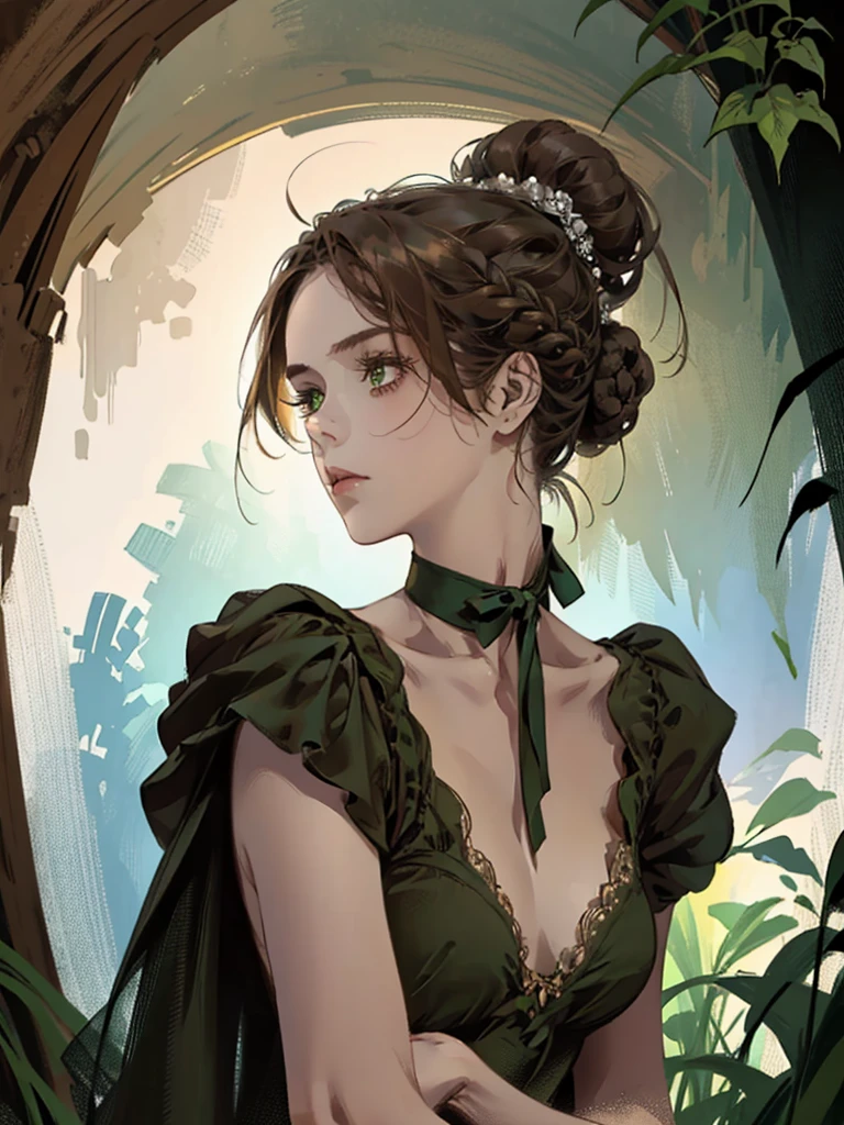 Один, цифровая картина женщины с волосами, завязанными в пучок, коричневые волосы, зеленые глаза, молодая дворянка 1800-х годов , спокойное лицо, смотрит вниз, темно-красное платье, ((платье длиной до шеи)), украшения на голову вокруг волос в портретном стиле, глядя, в красивом и зеленом саду