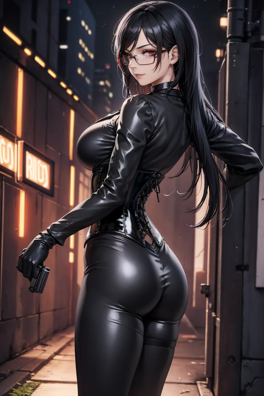 1 woman, standing, with seductive expression, loving smile, view from behind, perfect ass, detailed eyes, pose sexy, long black hair, his super detailed glowing eyes, Full lips painted red, chiseled physique and wide hips.  glasses, choker:1.6, (long sleeve white collar buttoned shirt), (shiny black corset), black gloves covering your hands, holding a gun with the right hand, (shiny black leggings), Walking in a dark alley at night, This image oozes realism., capturing the essence of a fragile figure. digital art, photorealistic and high definition technique