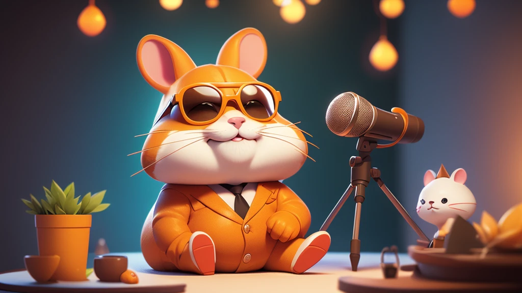 a close up of a tall orange and white hamster, cute face with fat cheeks, dressed in a suit and sunglasses, furry art, looking heckin cool and stylish, , big chungus boss, neon dark room background, sitting at a table with a laptop and a microphone, unsplash, realism, , in a streamer studio room, neon ambiance , looking to camera, portrait shot 8 k, photo portrait, looking towards the camera , ultra detail, high resolution, ultra detailed, best quality, amazing, top quality, extremely detailed CG unity 8k wallpaper, cinematic lighting.

