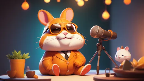 a close up of a tall orange and white hamster, cute face with fat cheeks, dressed in a suit and sunglasses, furry art, looking h...