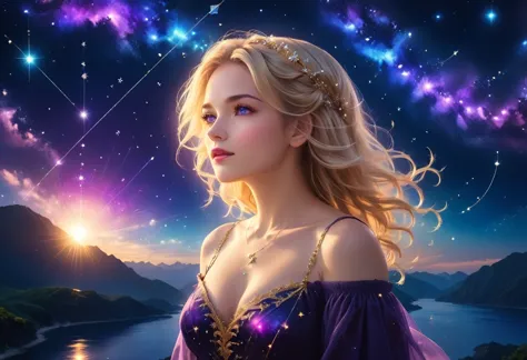 a portrait of an astrologer looking to the sky at libra constellation in the night sky, an extraordinary beautiful woman, there ...