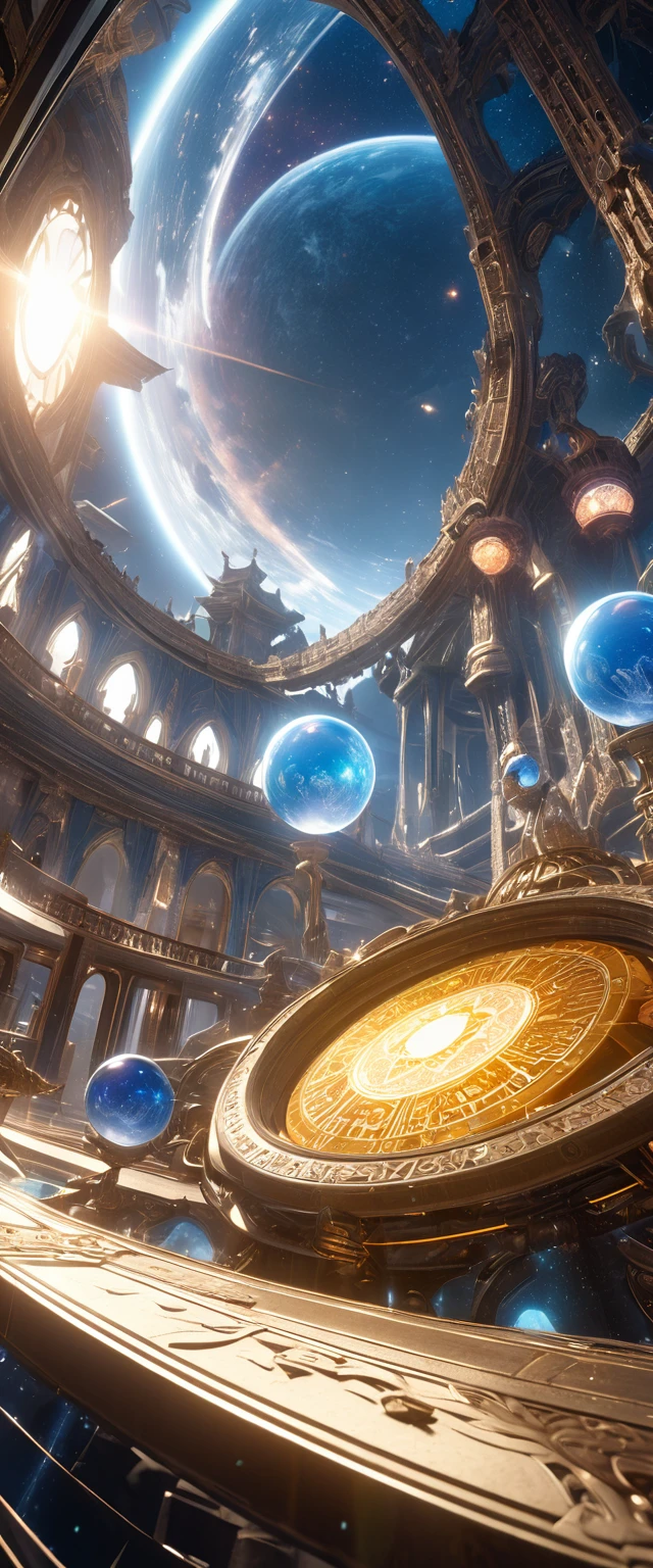 movie scene, Beautiful celestial astrologer in close-up, twisted space, Astrology and the glorious fortune telling palace in the background, Anime fantasy art.lens flare, Optical axis, Intricate details, high detail, Volumetric lighting, 4k Rendering, Image, Surreal, Realistic textures, dramatic lighting, Unreal Engine