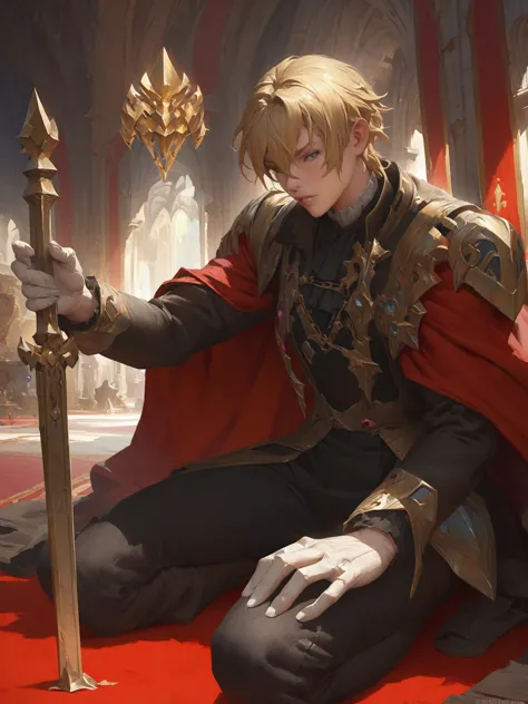 anime-style image of a man in a red cape sitting on a red carpet, portrait of the magical blonde prince, zerochan art, inspired ...