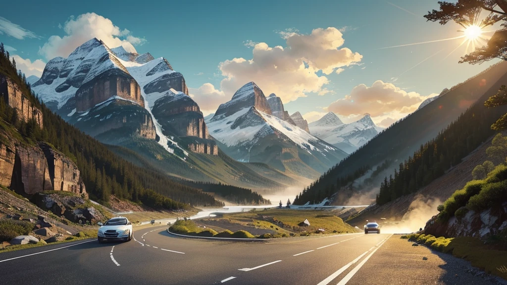 tem um carro passando na estrada perto de uma cachoeira, Gita emocionante, Gita, ilustração digital estilizada, Ilustração do veículo, destino turístico, férias, viajando pelas montanhas, com duas montanhas nevadas ao fundo, uma praia do lado esquerdo da estrada, viagens e aventura, Ilustração avançada, estrada para o mar, em um fundo cênico, Ilustração HD, ilustração detalhada, ilustração de página inteira, Ilustração gráfica, fundo branco, fora de estrada