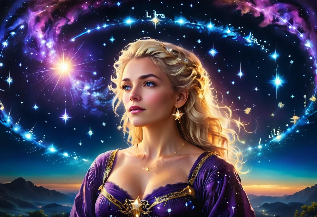 a portrait of an astrologer looking to the sky at libra constellation in the night sky, an extraordinary beautiful woman, there is magic in her eyes divining the future from the Libra constellation, blond hair, dynamic hair style, wearing an intricate dark purple dress decorated with glowing stars, she looks to the night sky seeing the ((Libra constellation in the sky: 1.5)), vibrant, Ultra-high resolution, High Contrast, (masterpiece:1.5), highest quality, Best aesthetics), best details, best quality, highres, 16k, [ultra detailed], masterpiece, best quality, (extremely detailed), Cinematic Hollywood Film, magical sky, FireMagicAI, dark novel