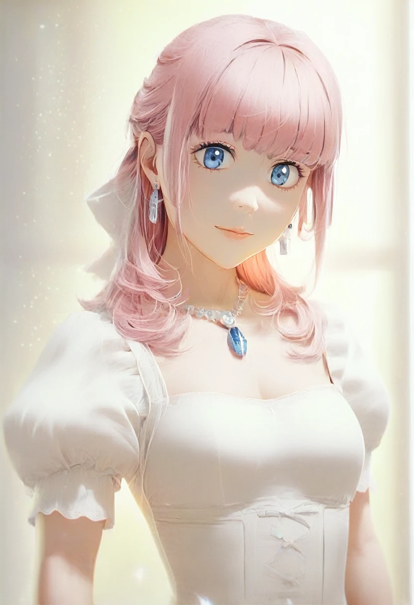 masterpiece, Highest quality, figure, Sax Blue, Platinum Earrings, Platinum Necklace, White Dress, ((Highest quality)), ((masterpiece)), (detailed), ((Perfect Face)),Lilia, One Girl、Pink Hair、blue eyes、黒いレースのWhite Dress、large pink ribbon on the chest、One girl, cute, (Dynamic Lighting:1.2), Cinema Lighting, Delicate facial features, Fine grain, Sharp pupils, Realistic students, Depth of written boundary, Bokeh, Sharp focus, (超detailedな, bloom, shine:1.4), Lots of little gems