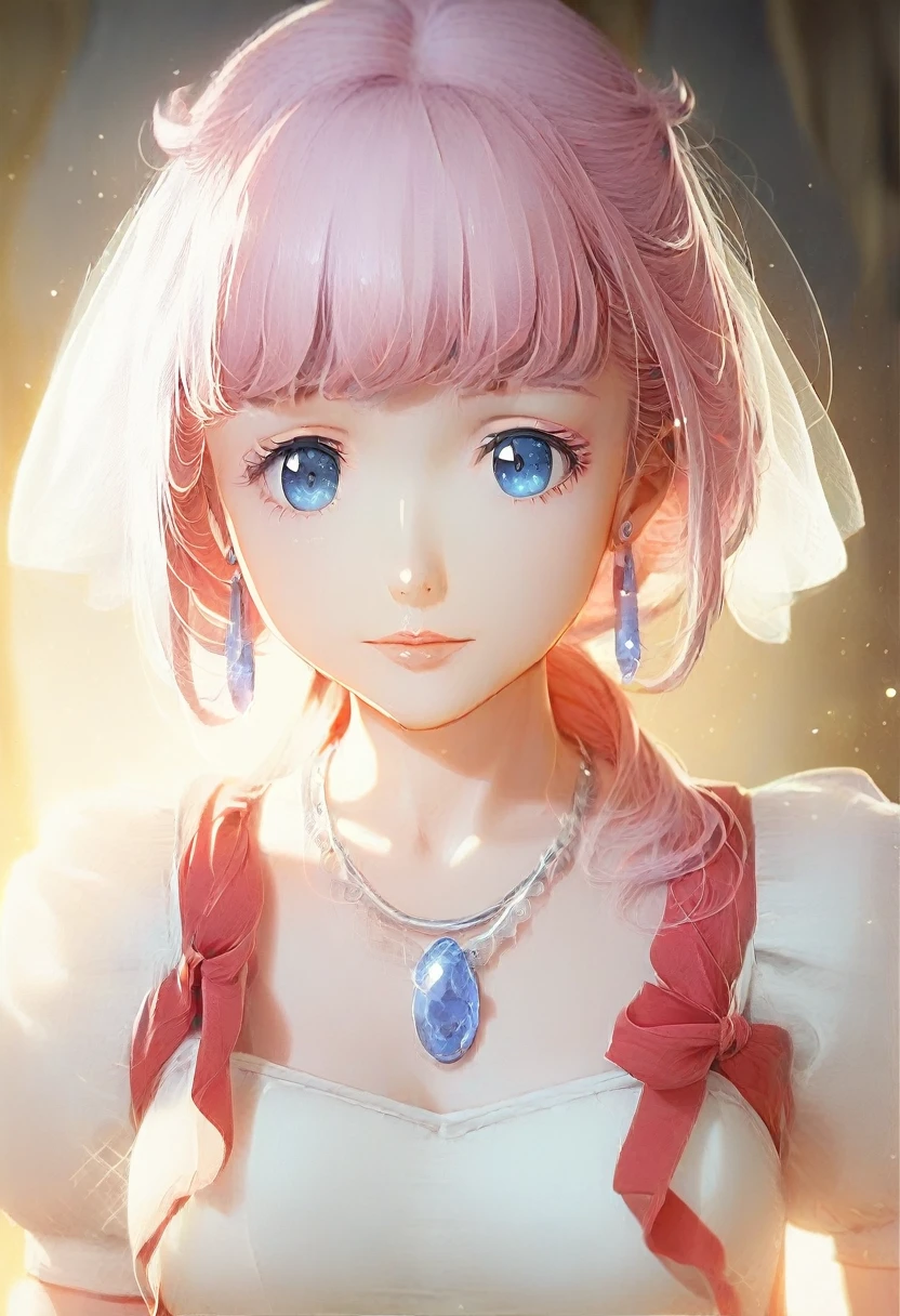 masterpiece, Highest quality, figure, Sax Blue, Platinum Earrings, Platinum Necklace, White Dress, ((Highest quality)), ((masterpiece)), (detailed), ((Perfect Face)),Lilia, One Girl、Pink Hair、blue eyes、黒いレースのWhite Dress、large pink ribbon on the chest、One girl, cute, (Dynamic Lighting:1.2), Cinema Lighting, Delicate facial features, Fine grain, Sharp pupils, Realistic students, Depth of written boundary, Bokeh, Sharp focus, (超detailedな, bloom, shine:1.4), Lots of little gems