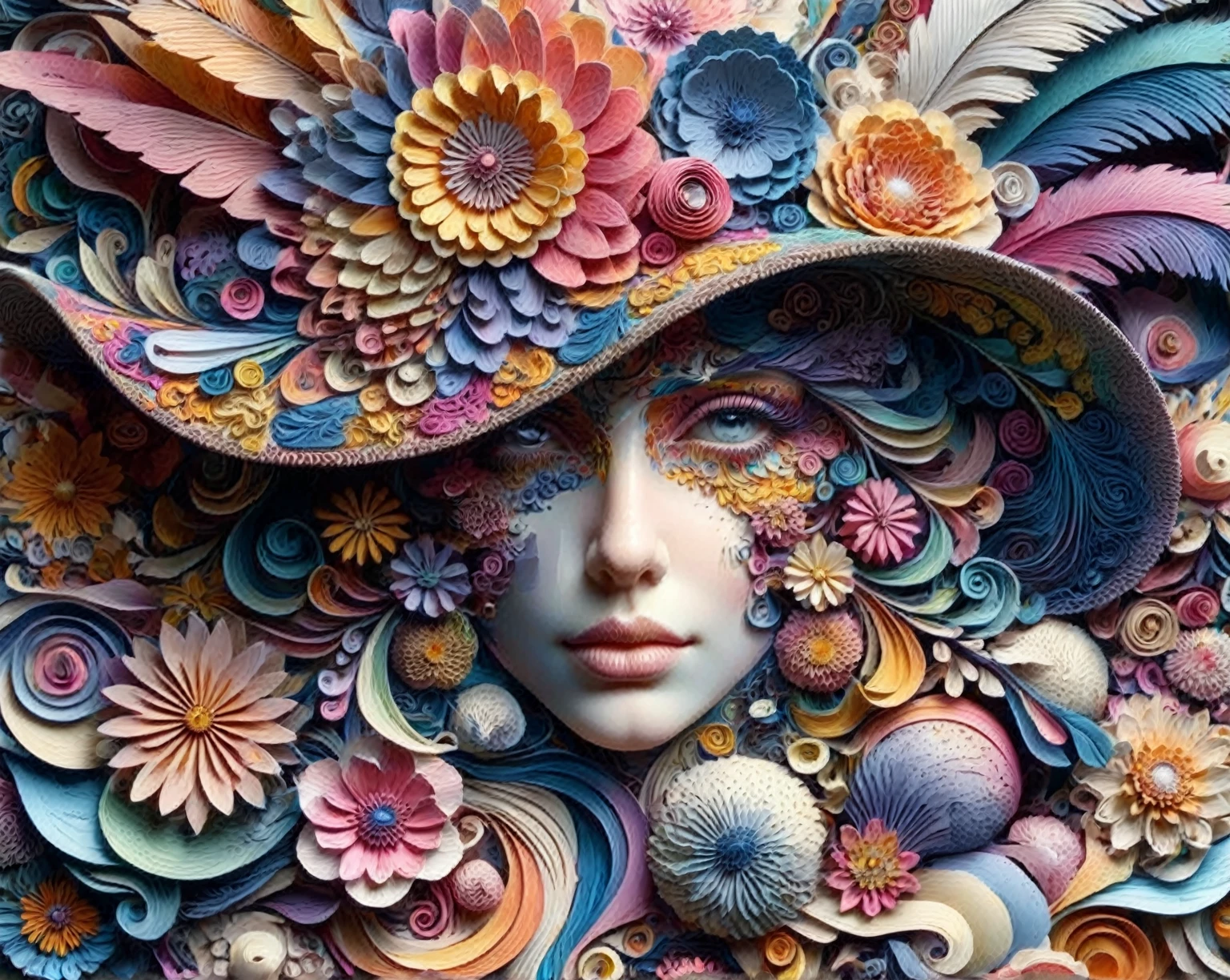 a close up of a woman's face with a hat made of paper flowers, 4k highly detailed digital art, 3d digital art 4k, beautiful art uhd 4 k, elaborate digital art, psychedelic surreal art, 4k detailed digital art, intricate beautiful faces, whimsical and psychedelic, detailed digital 3d art, intricate colorful masterpiece, 8k high quality detailed art