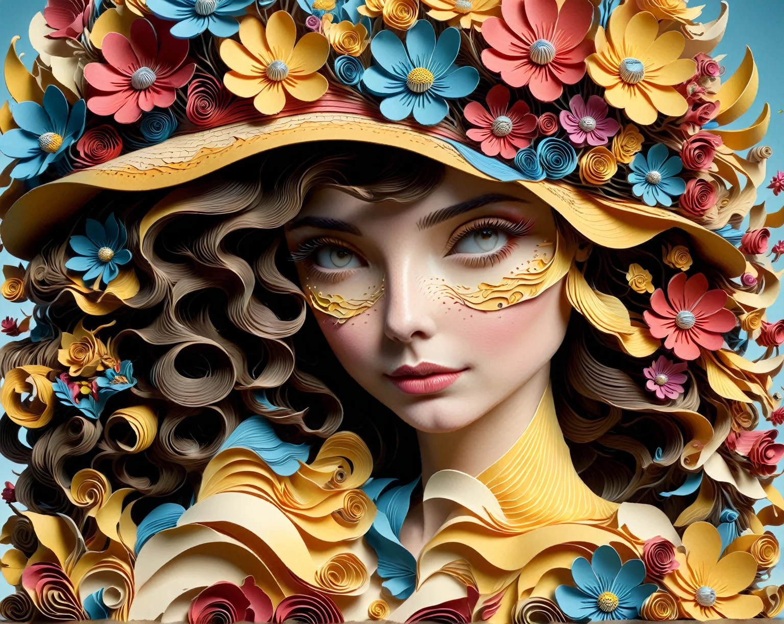 un primer plano de la cara de una mujer con un sombrero hecho de flores de papel, Arte digital 4k muy detallado, arte digital 3D 4K, hermoso arte uhd 4k, elaborar arte digital, arte surrealista psicodélico, Arte digital detallado 4k, rostros hermosos e intrincados, caprichoso y psicodélico, Arte digital 3D detallado, obra maestra colorida e intrincada, Arte detallado de alta calidad 8k