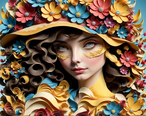 a close up of a woman's face with a hat made of paper flowers, 4k highly detailed digital art, 3d digital art 4k, beautiful art ...