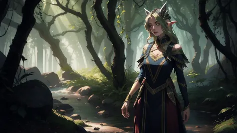 "Elf with a captivating look, unearthly beauty, flowing golden hair, pointed ears, dressed in elaborate elven attire, surrounded...