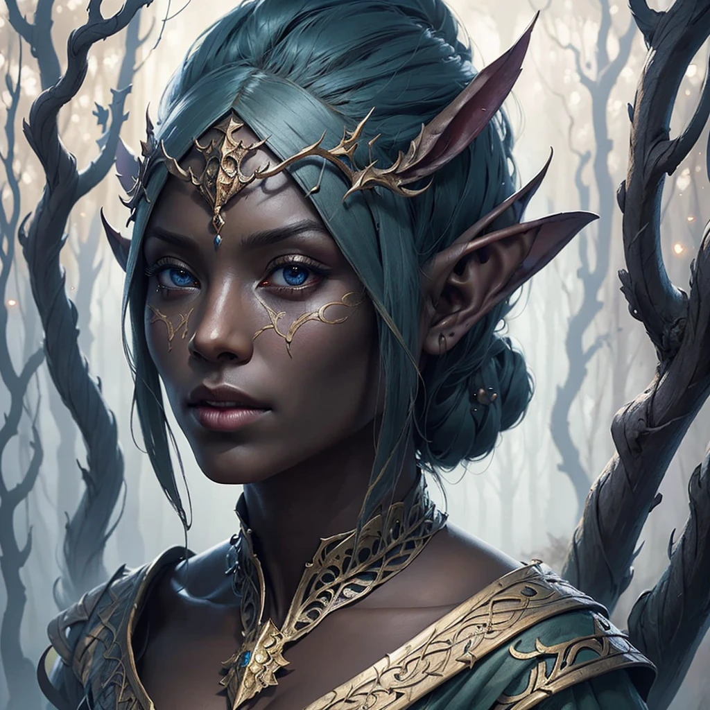 a beautiful detailed drow elf girl in a misty forest, fireflies, Jim Lee style, 8k, high quality, photorealistic, hyper detailed, dramatic lighting, vibrant colors, intricate details, fantasy art