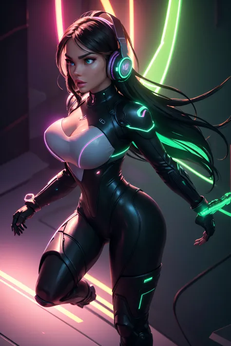 a Valkyrie woman in a futuristic tech bodysuit, neon tech armor, gloves, boots, and headphones, dynamic full body pose, detailed...