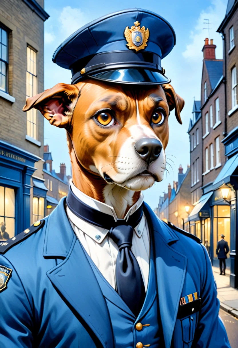 Watercolor hand drawing, vector graphics design, (best quality, masterpiece:1.2), side view, anthropomorphic, a Boxer dog with short hair wearing police jacket & uniform cap, inspector of Scotland Yard, llooks ike an English policeman, noire, London's street in 1890, simple lines, looking to camera, serteuse look, (natural textile texture, hyperrealism, soft light, sharp:1.2), (intricate details:1.1), hdr, bokeh