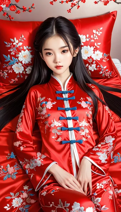 beautiful 15 year old chinese skinny kung fu girl princess with long black hair　gorgeous embroidery, ultra glossy, she is wearin...