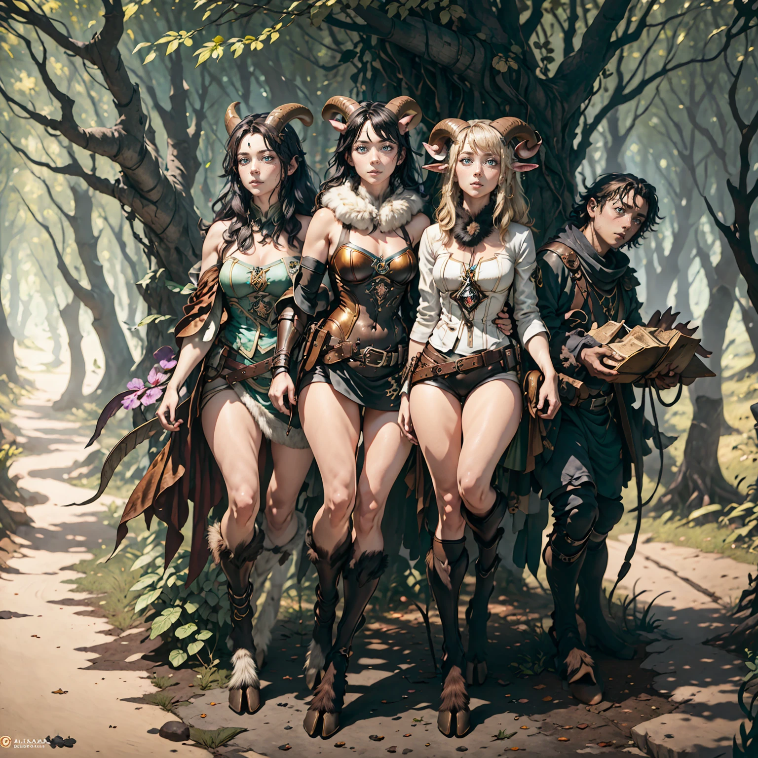 Female faun in the forest, Satyr, woman, fantasy(masterpiece, Best quality, Photorealistic, Detailed, shiny leather:1.2), irreproachable, 8 k, RAW, A high resolution, (dark night:1.1), goat legs, Fur legs, ungulate, goat horns, beard, long black hair, Looking at the viewer, Cinematic, dark background, Medieval, Muscles, Откройте CHES5, fantasy, (absurd), attractive, long light hair, golden eyes, sexual
