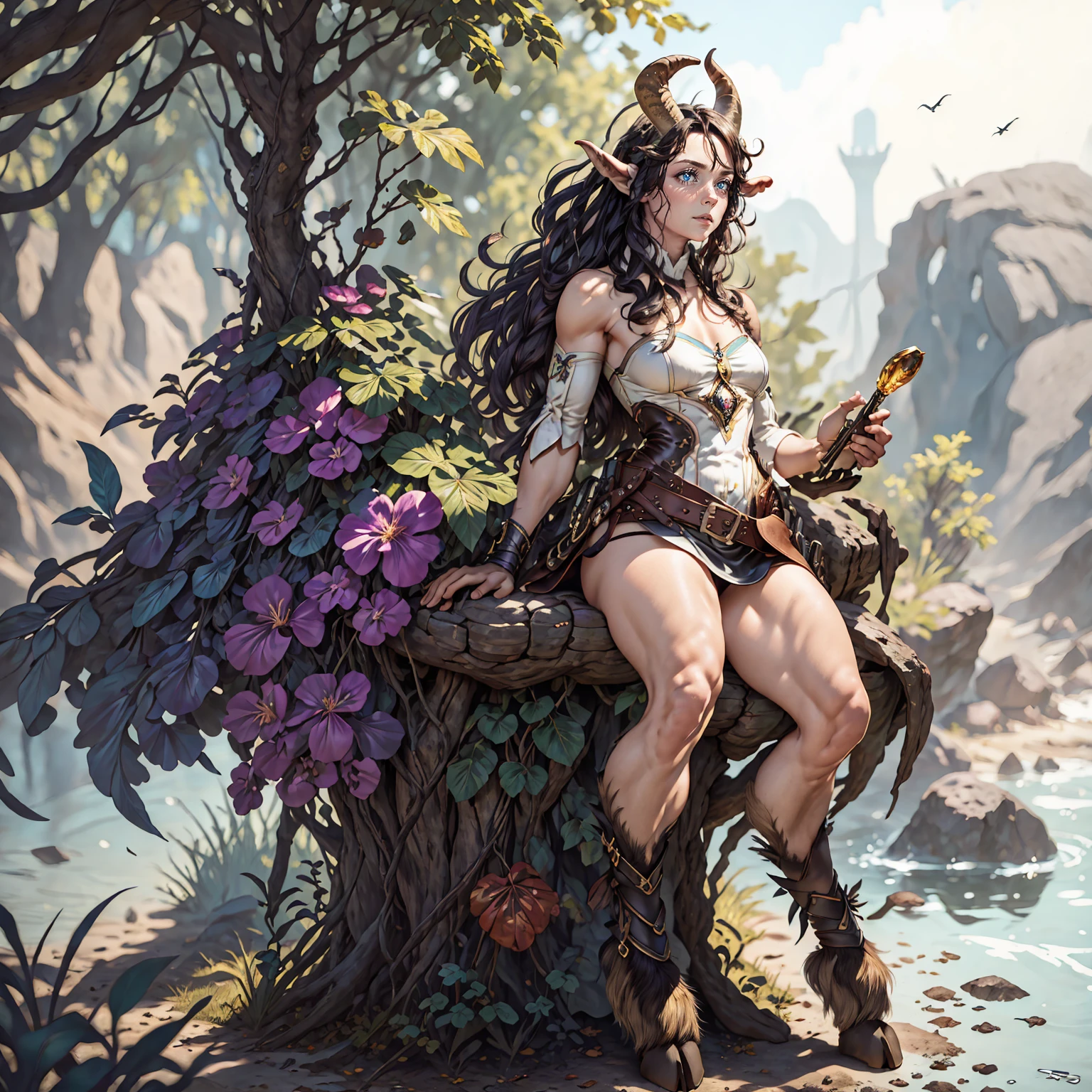 Female faun in the forest, Satyr, woman, fantasy(masterpiece, Best quality, Photorealistic, Detailed, shiny leather:1.2), irreproachable, 8 k, RAW, A high resolution, (dark night:1.1), goat legs, Fur legs, ungulate, goat horns, beard, long black hair, Looking at the viewer, Cinematic, dark background, Medieval, Muscles, Откройте CHES5, fantasy, (absurd), attractive, long light hair, golden eyes, sexual
