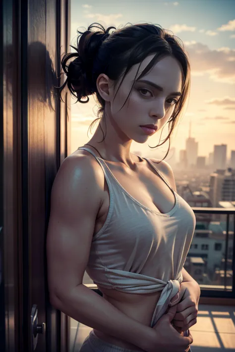 a shy woman leaning on her apartment balcony, toned physique, shy pose, bashful concentration, dramatic action shot, dynamic, mo...