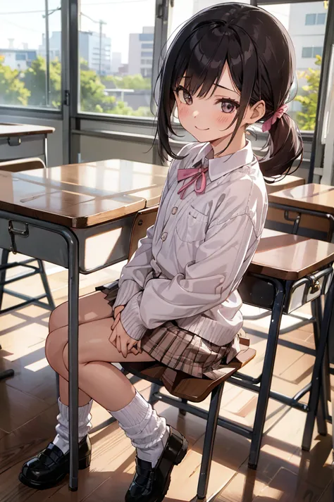 1girl,pink shirts,neck ribbon loose socks,mary jane shoes,miniskirt,classroom,10yo,flat chest,smile,(((gyaru))),ponytail