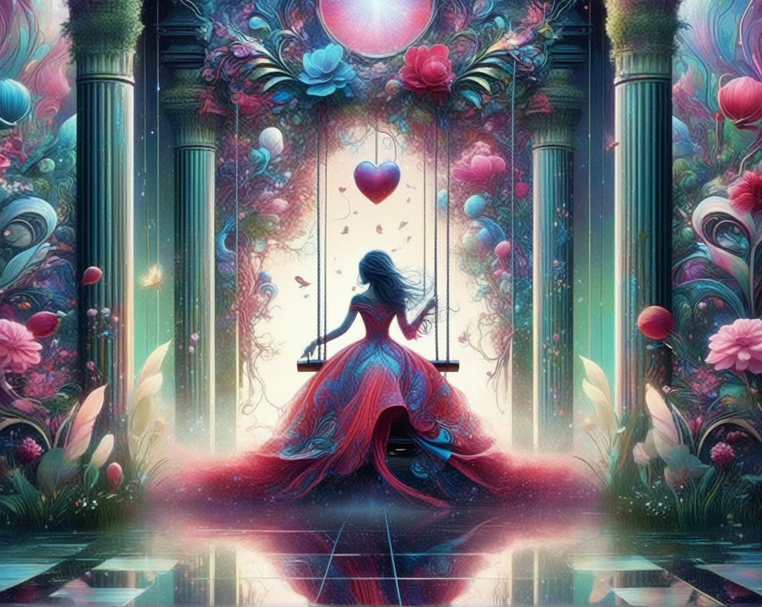 a woman in a red dress sitting on a swing in a garden, colorfull digital fantasy art, elaborate digital art, beeple and jeremiah ketner, vibrant fantasy style, beautiful fantasy art, very beautiful fantasy art, beautiful detailed fantasy, surreal and fantasy art, beautiful digital artwork, beautiful fantasy painting, digital art fantasy, beautiful gorgeous digital art, beautiful digital art