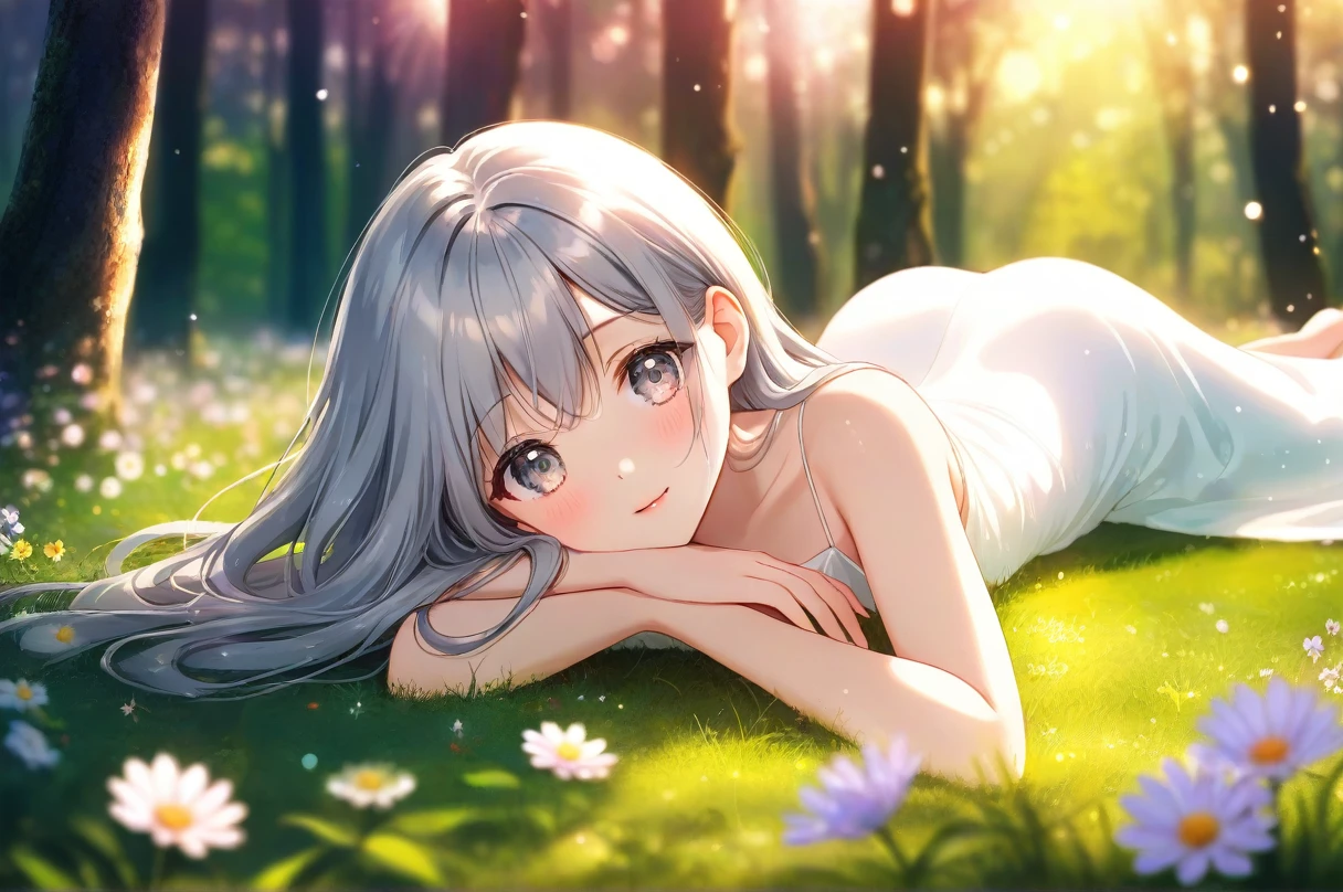cute, cute女の子, Round eyes, Drop your eyes, Small breasts,
Grey Hair, Long Hair, White Dress, Long dress, 
Lying on the grass, in the forest, Speckled sunlight, flower, Bokeh