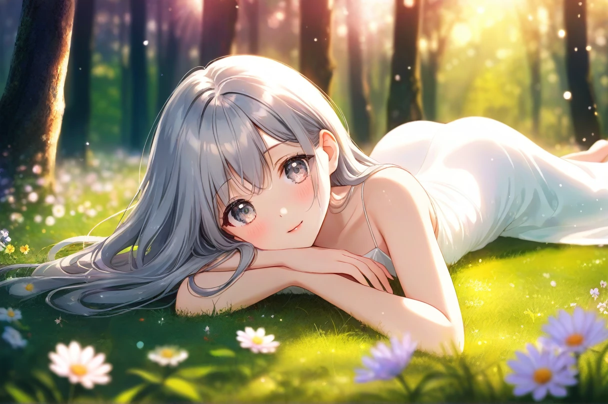 lindo, lindo女の子, ojos redondos, baja los ojos, senos pequeños,
Pelo gris, pelo largo, vestido blanco, vestido largo, 
Tendido en el césped, en el bosque, luz del sol moteada, flor, bokeh