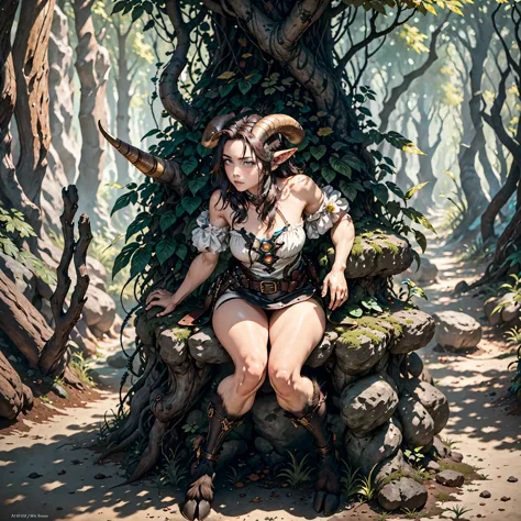 Female faun in the forest, Satyr, woman, fantasy(masterpiece, Best quality, Photorealistic, Detailed, shiny leather:1.2), irrepr...