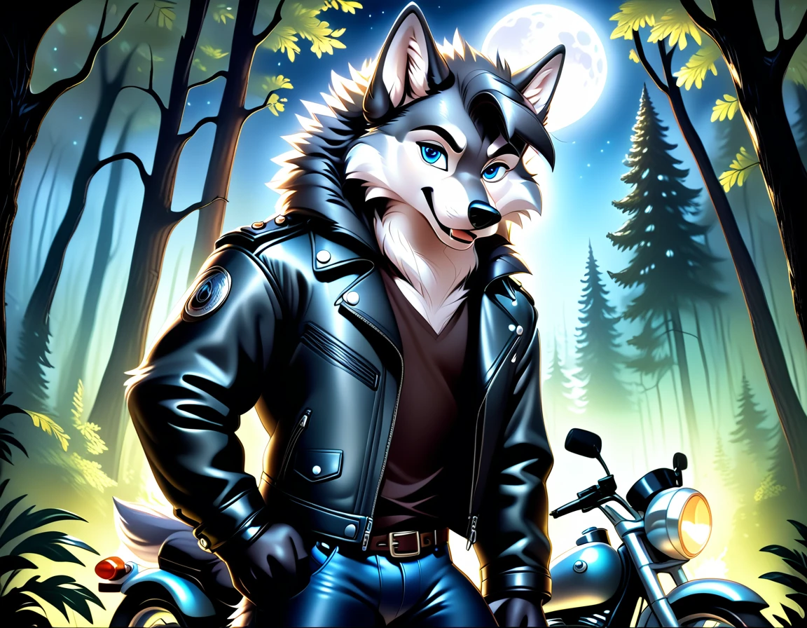 detailed ilustración, ángulo dinámico, ultra detallado, ilustración, 1 chico, chaqueta de cuero, lobo, silver lobokin, blue eyes, De pie en el bosque, estilo disney, Feliz, Dibujos animados, Apoyarse en una motocicleta, Noche
