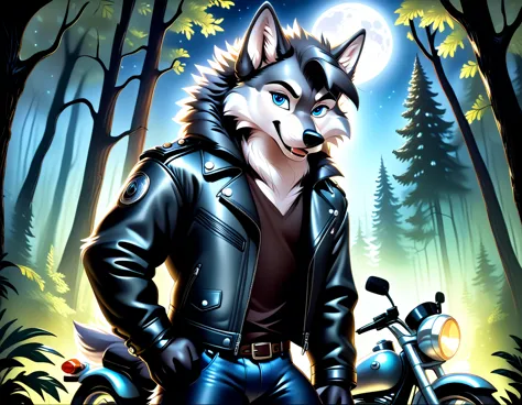 detailed illustration, dynamic angle, ultra-detailed, illustration, 1boy, leather jacked, wolf, silver wolfkin, blue eyes, stand...