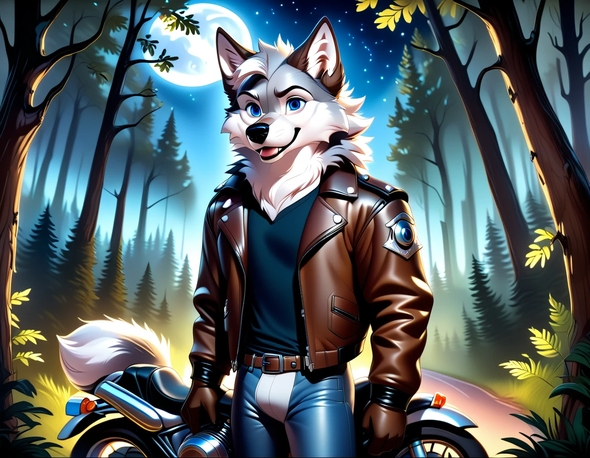 detailed illustration, dynamic angle, ultra-detailed, illustration, 1boy, leather jacked, wolf, silver wolfkin, blue eyes, standing in woods, disney style, happy, cartoon, leaning on a motorcycle, night
