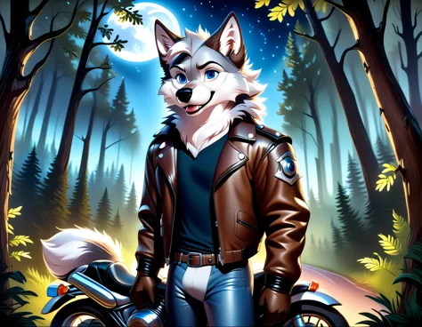 detailed illustration, dynamic angle, ultra-detailed, illustration, 1boy, leather jacked, wolf, silver wolfkin, blue eyes, stand...