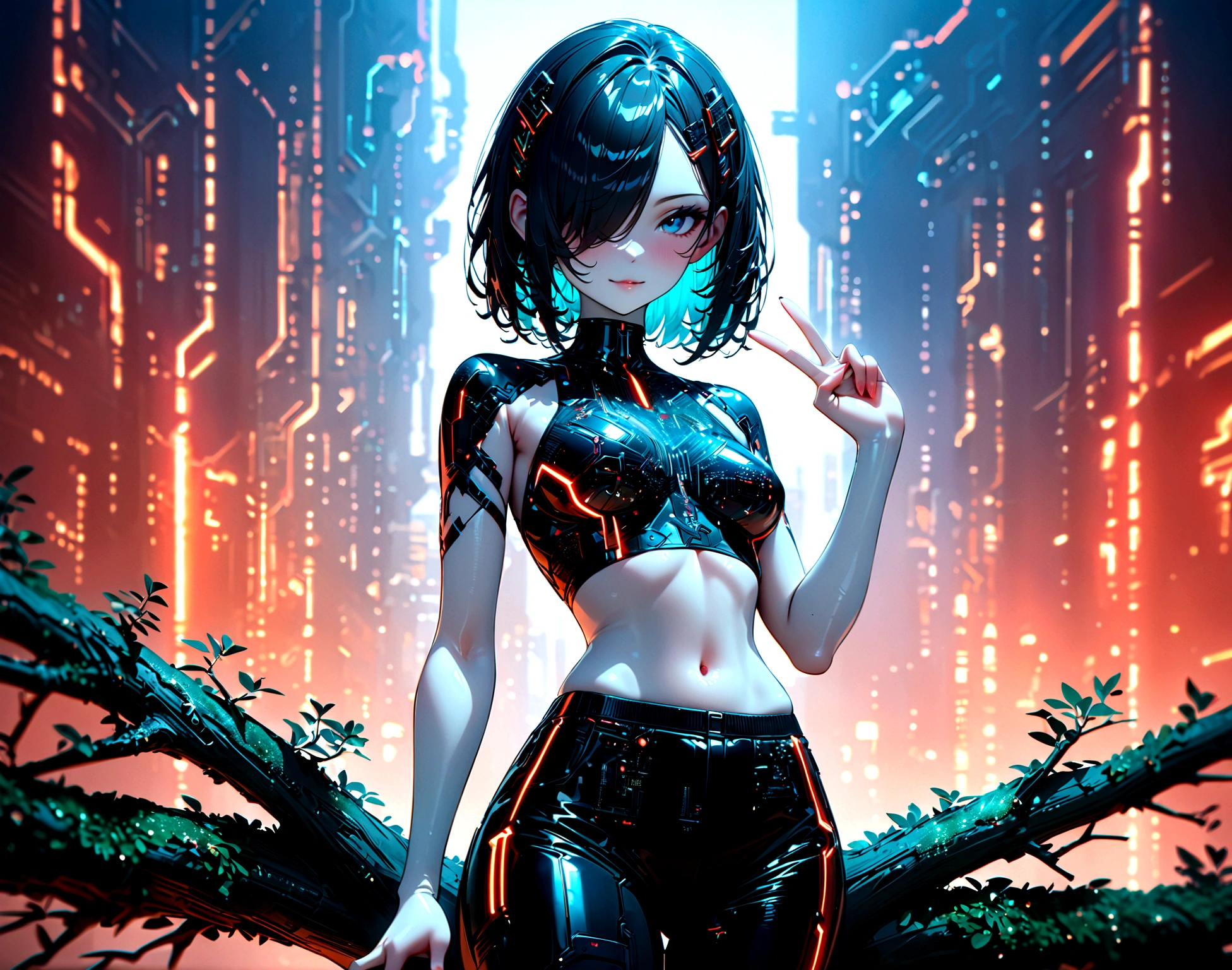 beautiful Cybernetics girl, hair over one eye, Hair accessories, (Delicate skin), Pale skin, black crop top made of circuit boards, Futuristic pants, on branch, v, Japanese words with glitter effect, cyberpunk background,Sensual, is attractive, (masterpiece:1.3), (best quality:1.3), (ultra detailed:1.3), 8k, extremely clear