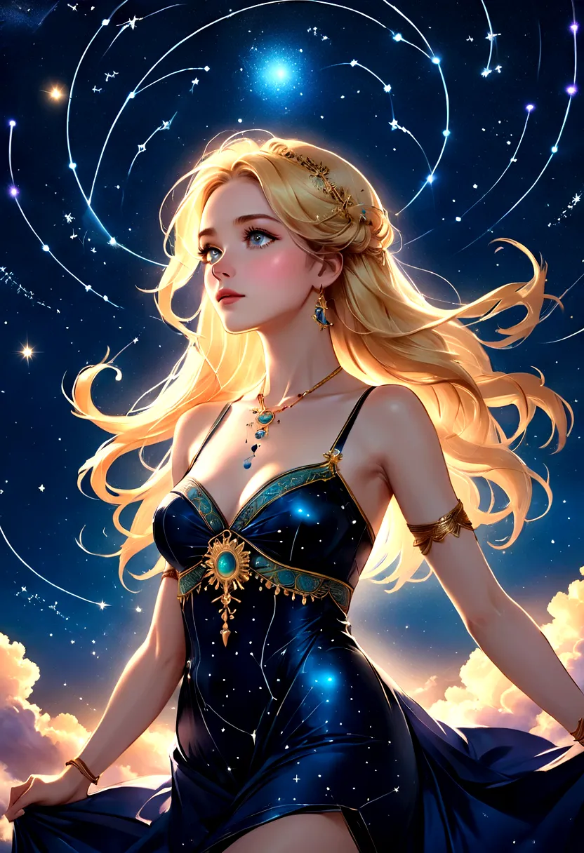 a portrait of an astrologer looking to the sky at libra constellation in the night sky, an extraordinary beautiful woman, there ...