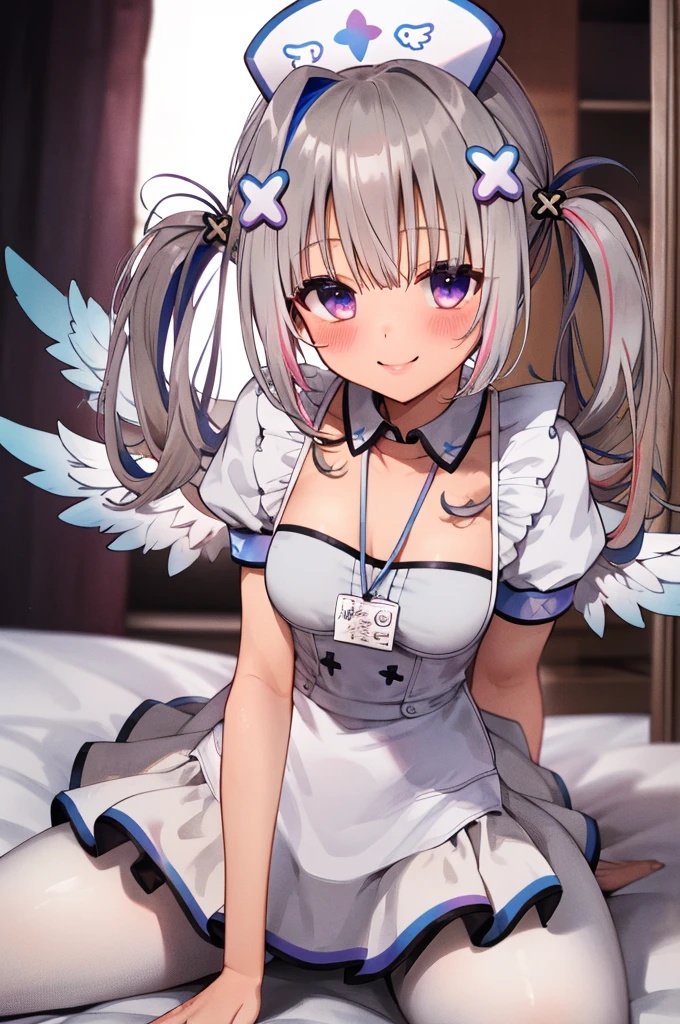 best quality, highres, 1girl, amane kanata, solo, hat, nurse cap, grey hair, multicolored hair, blue hair, wings, purple eyes, hair ornament, colored inner hair, angel wings, braid, bangs, official alternate hair length, streaked hair, single hair intake, x hair ornament, pink hair, official alternate hairstyle, twintails, nurse costume,on bed,smile,white pantyhose,blush,nsfw,