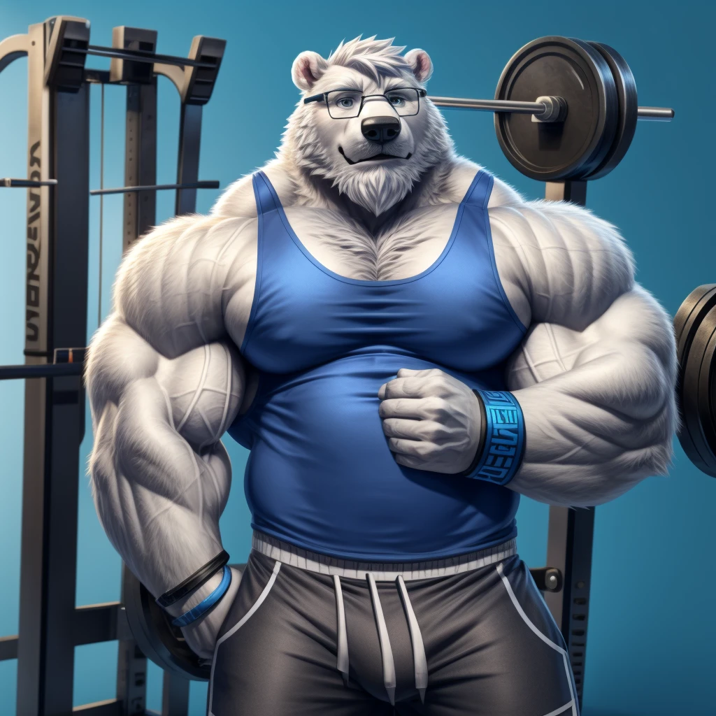 solo, 1boy, Huge Muscular old White Polar Bear wearing glasses, huge white fur, pectoral, huge pectoral, wide pectoral, short white hair, blue colored short pants, blue colored wristbands and blue colored tank top, white bearded, white Mustache, white fur, simple background, masterpiece, high detailed, 8k, high resolution, at the gym, bicep curls heavyweighted barbell