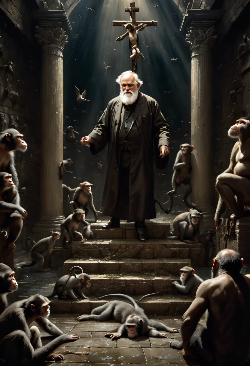 (best quality,4k,highres,masterpiece:1.2),ultra-detailed,(realistic,photorealistic,photo-realistic:1.37),Charles Darwin nailed to cross,monkeys looking on with fascination,portraits,oil painting,religious symbolism,painful expression,intense lighting,scientific discovery,clash of worlds,contrast in cultures,curious primates,divergent beliefs,dark background,deep shadows,sacrifice for knowledge,astonished gaze,striking composition,detailed depiction,emotional impact,captivating scene,stop motion effect,profound concept,masterful execution,monochrome color scheme,alive with meaning,visual storytelling,captured moment,eye-catching image,resolute character,awe-inspiring,history and biology intertwined,ironic juxtaposition,thought-provoking,artistic interpretation,tension in the air,religious iconography,animals as spectators,complex themes,intense focal point,rich texture.
