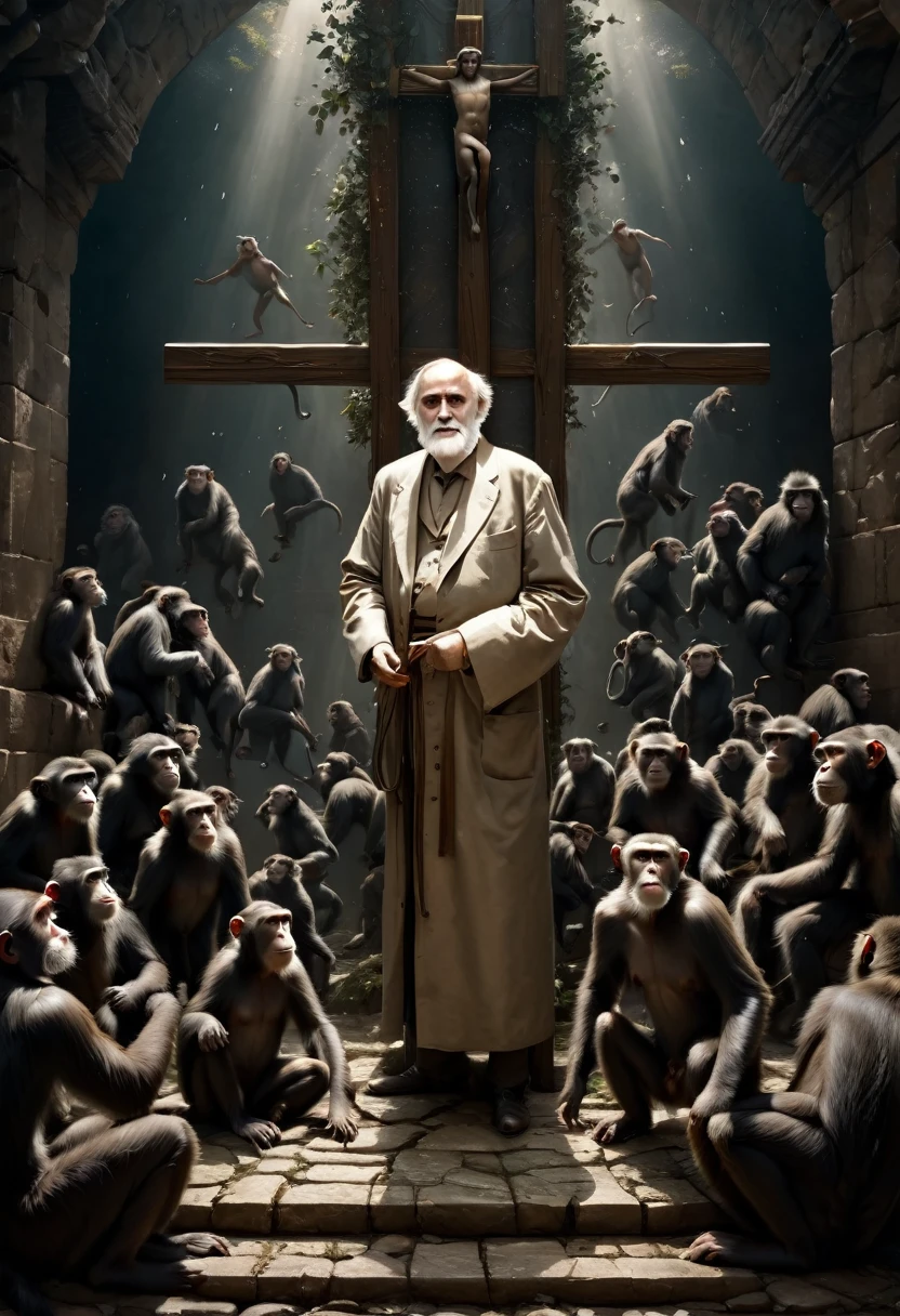 (best quality,4k,highres,masterpiece:1.2),ultra-detailed,(realistic,photorealistic,photo-realistic:1.37),Charles Darwin nailed to cross,monkeys looking on with fascination,portraits,oil painting,religious symbolism,painful expression,intense lighting,scientific discovery,clash of worlds,contrast in cultures,curious primates,divergent beliefs,dark background,deep shadows,sacrifice for knowledge,astonished gaze,striking composition,detailed depiction,emotional impact,captivating scene,stop motion effect,profound concept,masterful execution,monochrome color scheme,alive with meaning,visual storytelling,captured moment,eye-catching image,resolute character,awe-inspiring,history and biology intertwined,ironic juxtaposition,thought-provoking,artistic interpretation,tension in the air,religious iconography,animals as spectators,complex themes,intense focal point,rich texture.
