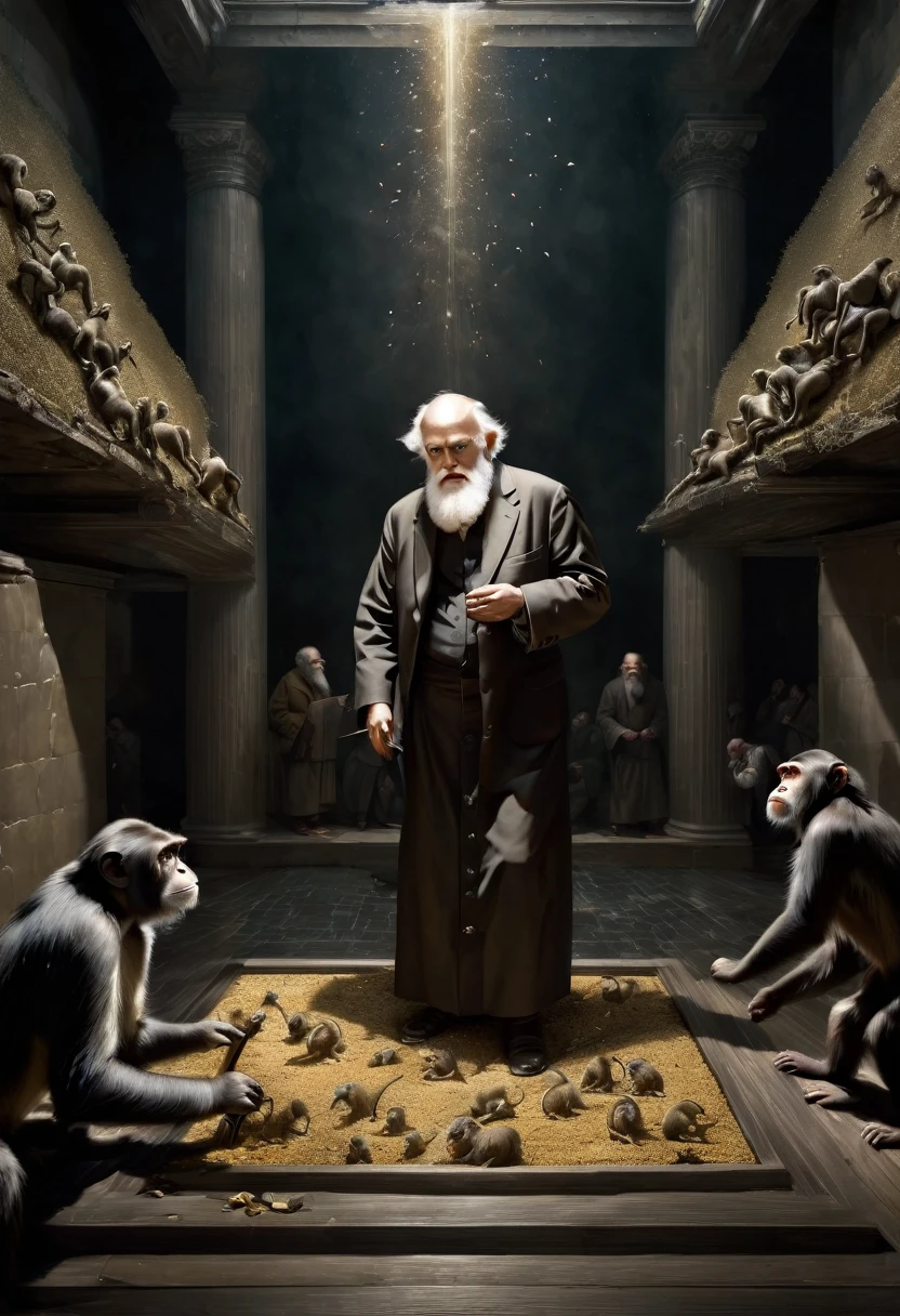 (best quality,4k,highres,masterpiece:1.2),ultra-detailed,(realistic,photorealistic,photo-realistic:1.37),Charles Darwin nailed to cross,monkeys looking on with fascination,portraits,oil painting,religious symbolism,painful expression,intense lighting,scientific discovery,clash of worlds,contrast in cultures,curious primates,divergent beliefs,dark background,deep shadows,sacrifice for knowledge,astonished gaze,striking composition,detailed depiction,emotional impact,captivating scene,stop motion effect,profound concept,masterful execution,monochrome color scheme,alive with meaning,visual storytelling,captured moment,eye-catching image,resolute character,awe-inspiring,history and biology intertwined,ironic juxtaposition,thought-provoking,artistic interpretation,tension in the air,religious iconography,animals as spectators,complex themes,intense focal point,rich texture.
