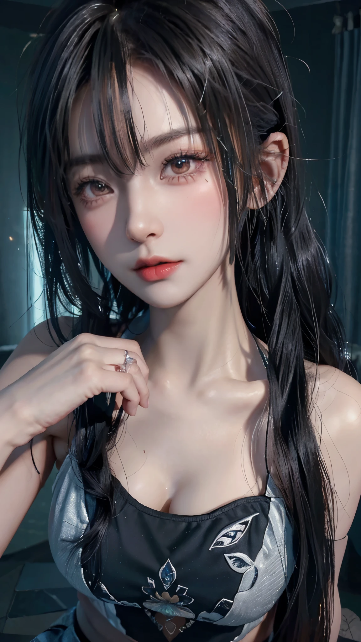 18-year-old schoolgirl，Cute schoolgirl，Beautiful girl，Delicate and beautiful girl，Exquisite facial features，Portrait of the distance，8k quality，Extreme details，Detailed depiction，Messy hair，(Cute bangs)，Ponytail，Flowing hair，Black hair，Thin face，Perfectly proportioned body，slim body，Reality主义，Ultra-high resolution，Master Opus 1，Real texture，Lighting Realism，Facial features，Supple lips，((Pure lust makeup))，  dress, purple and black hair、Oversized off-the-shoulder black T-shirt、Dark miniskirt,((Dark Makeup、Oily skin,有Light泽的皮肤、Realistic skin texture、Delicate and beautiful skin、容Light焕发的皮肤)), Dark city center at night、Kabukicho、Dark cyberpunk、(panoramic:1.8)(masterpiece, best quality, Extremely detailed, The best shadow), (Detailed background,Dark Fantasy), (Beautiful and delicate face), High contrast, (Optimal Lighting, Extremely refined), ((Light)), rich and colorful, Extremely detailed, 戏剧性的Light, Intricate details, (1 girl, solitary,Black Hair, Pointed face,低双Ponytail,Red Eyes, Hair between the eyes,Dynamic Angle), Blood splatter, Black Light swirling around the character, Depth of Field,Black Light particles,(shattered glass),Magic Circle, masterpiece, Ultra-high resolution, (Reality: 1.4), Light线追踪，{Best quality}，{ {masterpiece}}，Extremely detailed 8k wallpaper，{一个Extremely refined美丽的}，Colorful，错综Intricate details，Realism，White tight shirt wrap，（Detailed depiction of clothes），Cold white skin，（Carefully portray blush）,1080P，sun，Soft，Smooth light silver hair，Messy Beauty，灯Light，Sense of Brokenness，皮肤Light亮丝滑，3D stereoscopic，masterpiece，Best quality，Illustrations are super detailed，beautiful eyes，非常精致的Light线，精细的发Light，Very detailed 8K CG wallpaper，Peach Blossom Eyes，Red pupils，8k wallpaper，Best quality，noon，Pure lust beauty，Close-up half-length shot，White Chinese style long dress，Macro lens，Portraiture