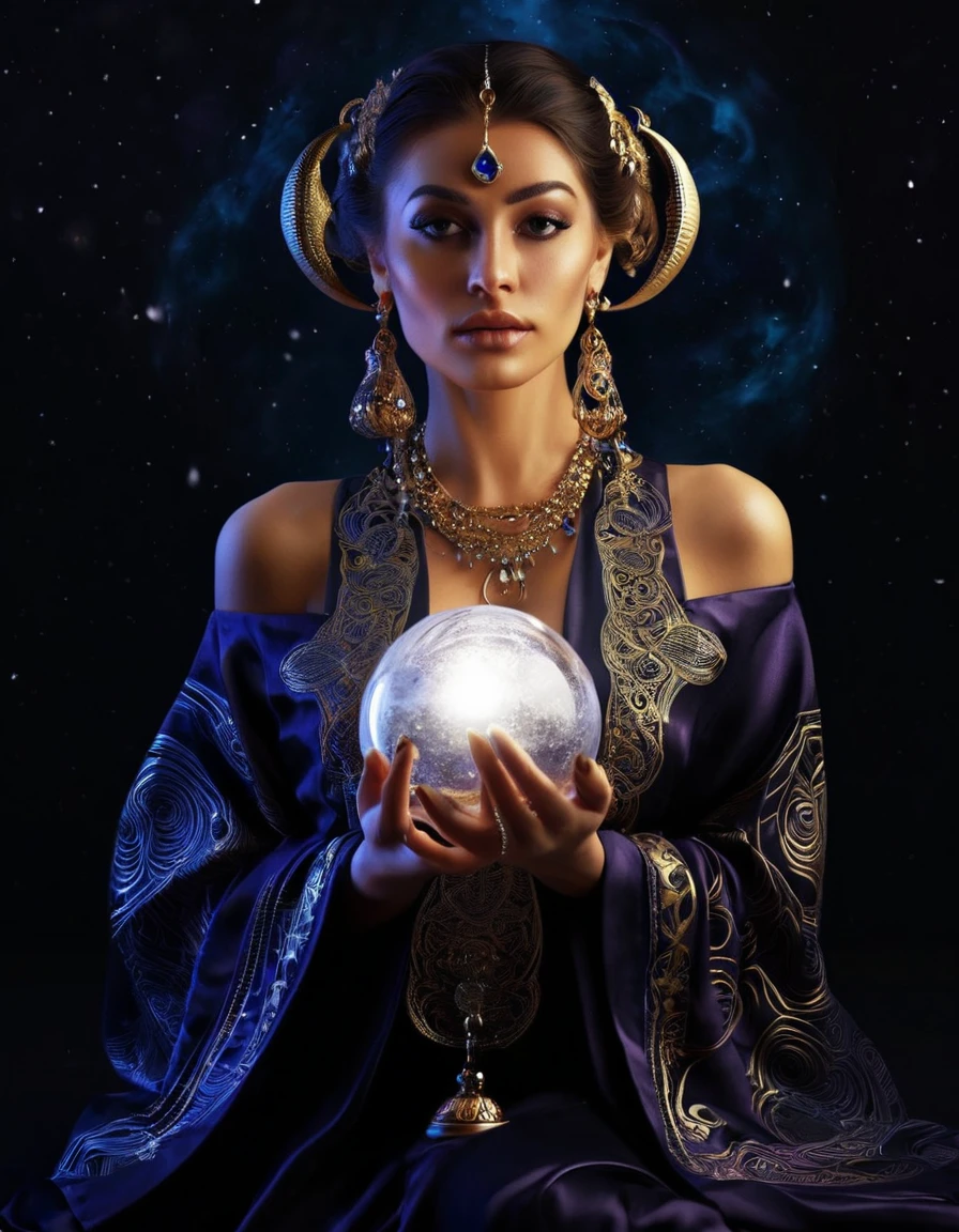 une femme astrologue, symboles astrologiques, signes du zodiaque, boule de cristal, ambiance mystique, fond sombre, Éclairage dramatique, robes ornées, traits du visage détaillés, Gestes élégants de la main, (Meilleure qualité,4k,8k,haute résolution,chef-d&#39;œuvre:1.2),ultra-détaillé,(Réaliste,photoRéaliste,photo-Réaliste:1.37),motifs complexes,symboles occultes,couleurs maussades,éclairage clair-obscur spectaculaire