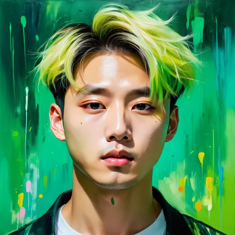 A jungkook inspired asian man with a green background., short blond hair, bright colors, colorful brushstrokes, oil painting sty...