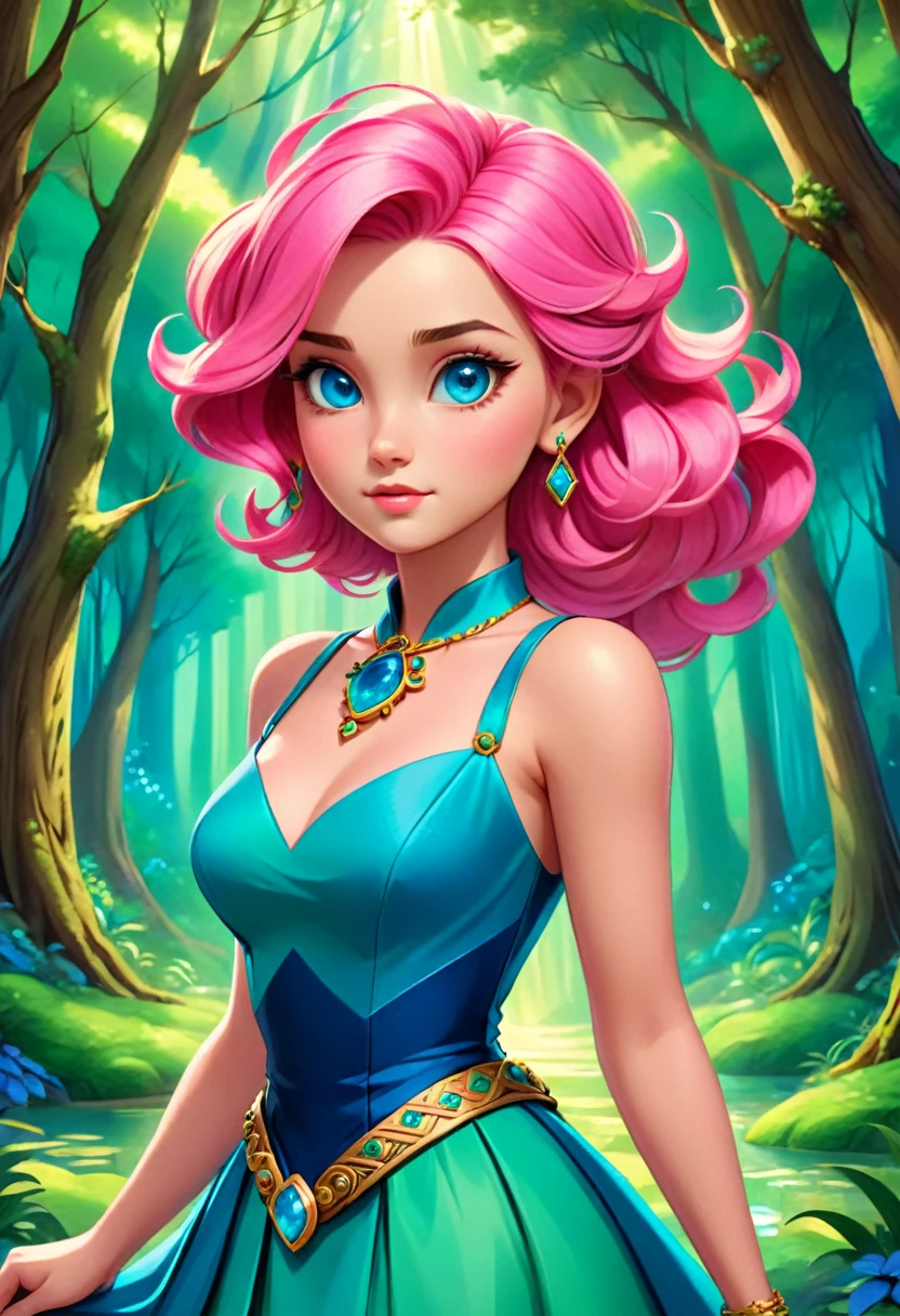 The image depicts a young woman with vibrant pink hair styled in an updo, adorned with a blue bow. She has striking blue eyes and is wearing a colorful dress with a mix of pink, blue, and green hues, featuring intricate patterns and a gold belt. The dress has a V-neckline and appears to be made of a shiny, possibly magical fabric. She is accessorized with a necklace that has a large, round, blue gemstone pendant.

The background is a lush, green forest with towering trees and a variety of foliage, suggesting a magical or enchanted setting. The overall style of the image is reminiscent of digital art commonly found in fantasy illustrations, with a focus on vibrant colors and detailed textures. The character's expression is serene and confident, and she seems to be the central figure in this fantastical scene.