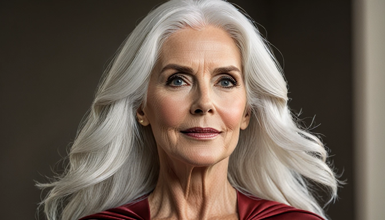 old Julie Hagerty Superwoman(((White hair))); HD. Photograph, ((realism)), extremely high quality RAW photograph, ultra detailed photograph, sharp focus, high resolution, (detailed skin:1,3),high quality, film grain, Fujifilm XT3,Highly Detailed, movie, (Cinematic Photo:1.3) of (Realistic:1.3)