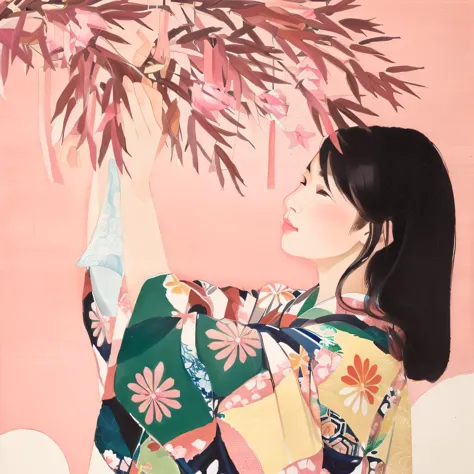 painting of a woman in a kimono holding a branch of a tree, inspired by Naomi Okubo, by Miwa Komatsu, inspired by Itō Shinsui, b...