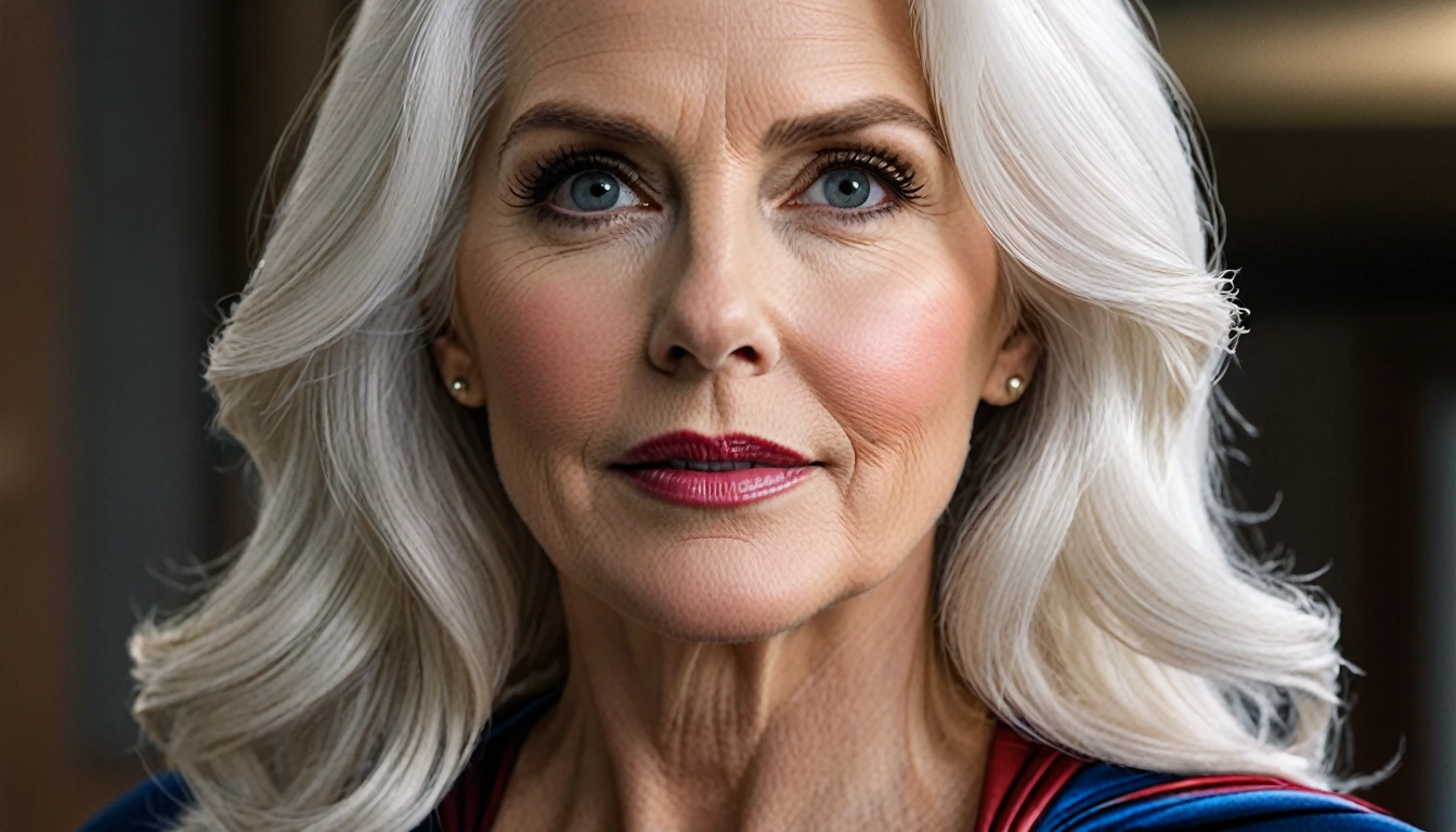 Close-up; old Julie Hagerty Supergirl (((White hair))); HD. Photograph, ((realism)), extremely high quality RAW photograph, ultra detailed photograph, sharp focus, high resolution, (detailed skin:1,3),high quality, film grain, Fujifilm XT3,Highly Detailed, movie, (Cinematic Photo:1.3) of (Realistic:1.3)