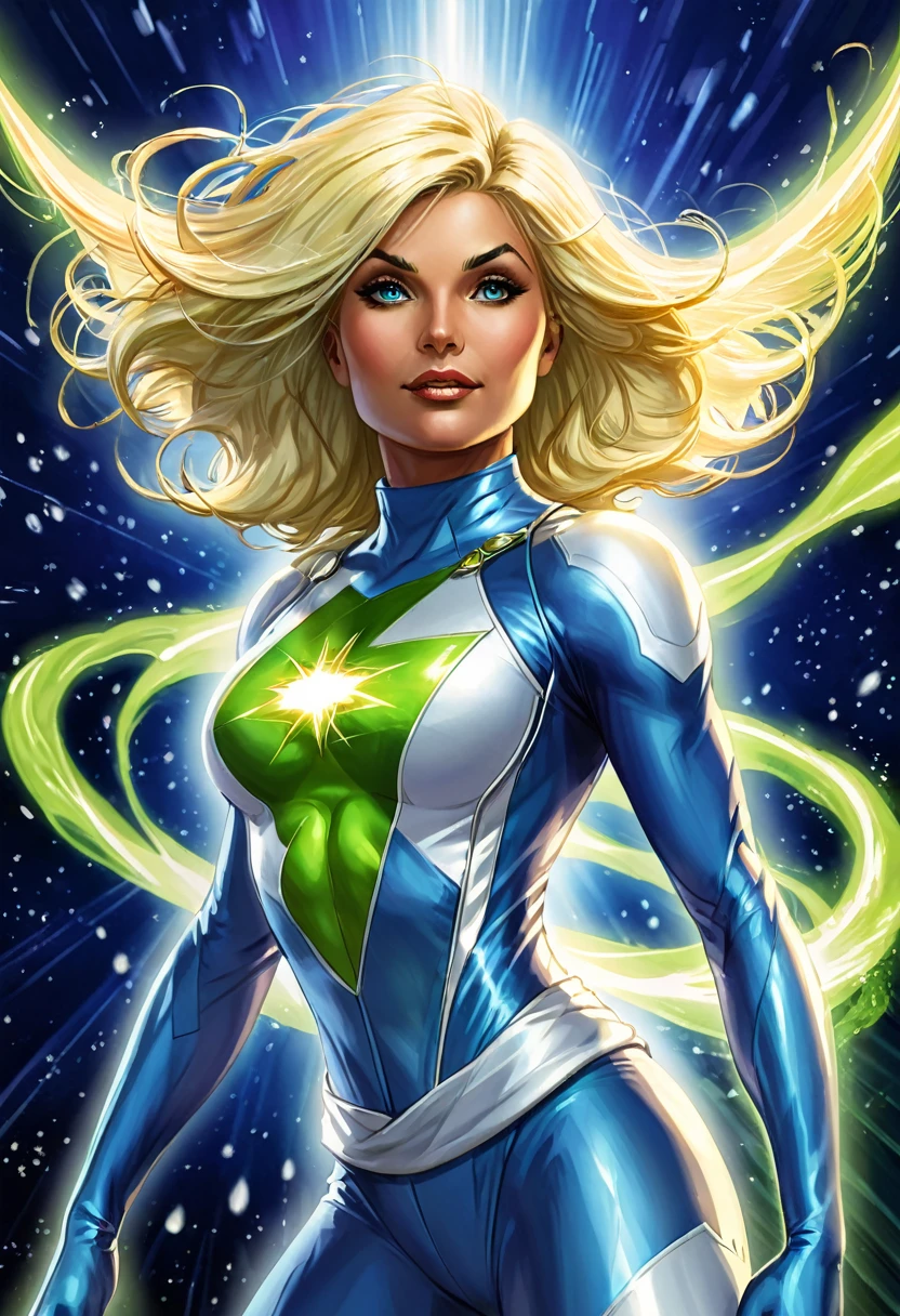 Centella has a striking appearance with short, shiny blonde hair that appears illuminated by the energy she emits.. He usually wears a bright white and blue suit that reflects the cosmic energy he controls.. His abilities include the ability to channel and project cosmic energy in the form of destructive rays or defensive barriers., as well as the ability to fly at high speed and withstand impacts that would be fatal to a normal person.. she is a woman