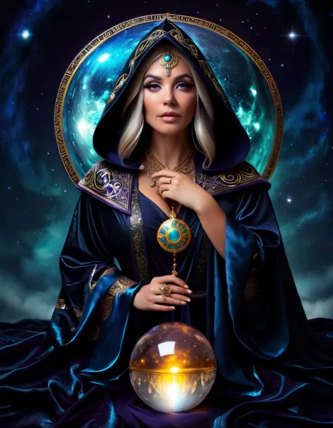 a female astrologer, robed and hooded, astrological symbols, zodiac signs, crystal ball, mystical atmosphere, dark background, d...