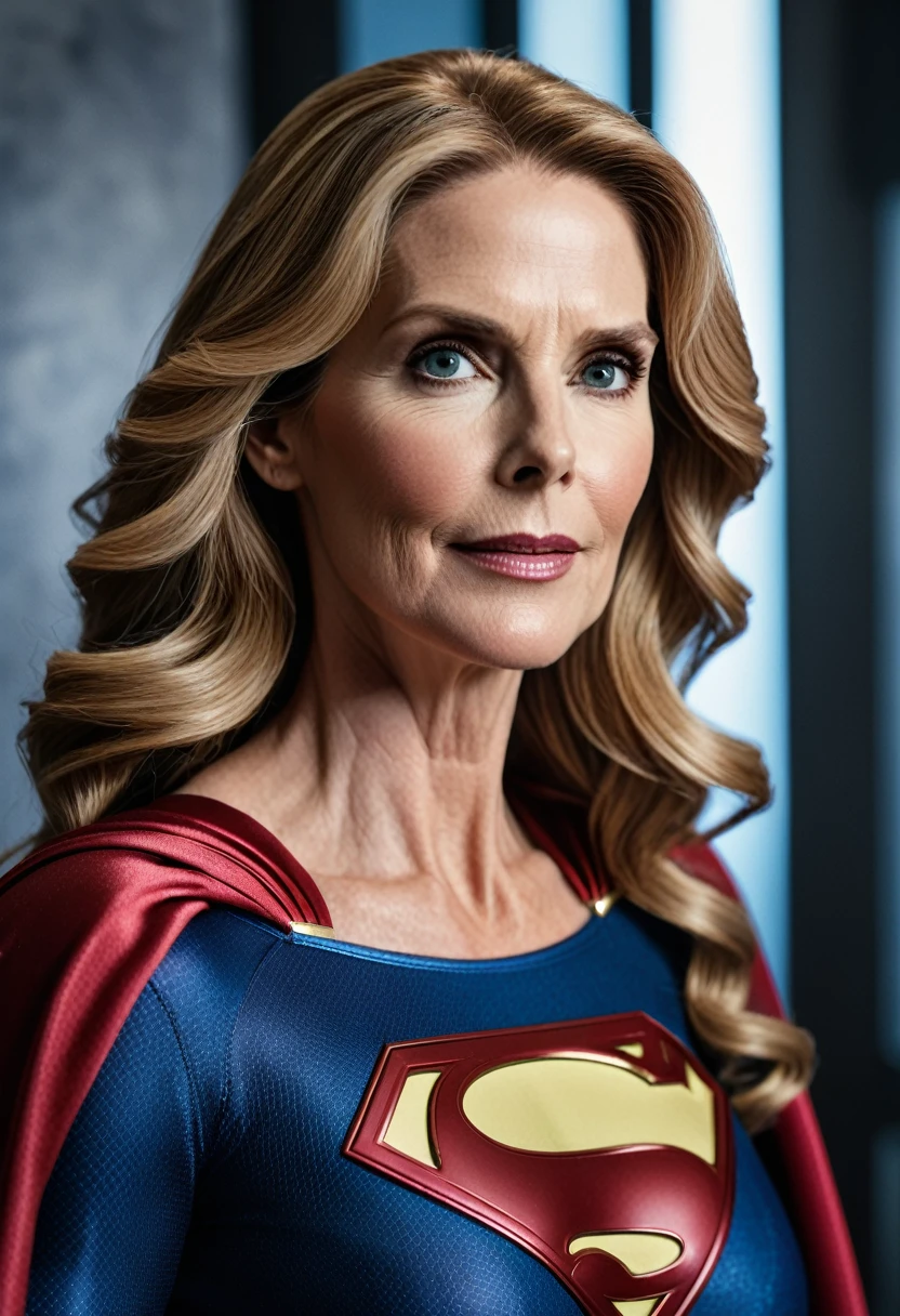 Close-up; Supergirl Julie Hagerty ; HD. Photograph, ((realism)), extremely high quality RAW photograph, ultra detailed photograph, sharp focus, high resolution, (detailed skin:1,3),high quality, film grain, Fujifilm XT3,Highly Detailed, movie, (Cinematic Photo:1.3) of (Realistic:1.3)